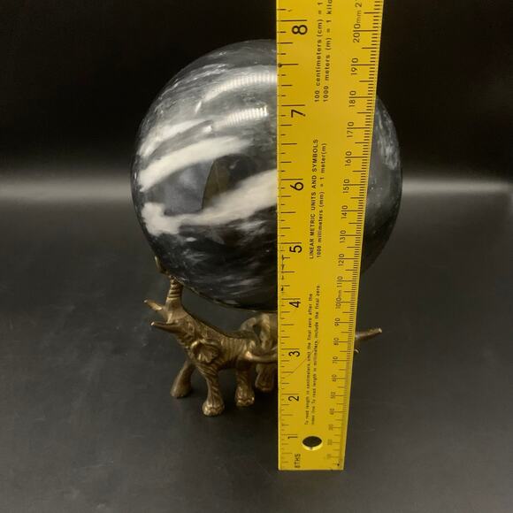 Vintage Black Agate Sphere Orb Crystal with Brass Elephant Stand - Picture 12 of 14